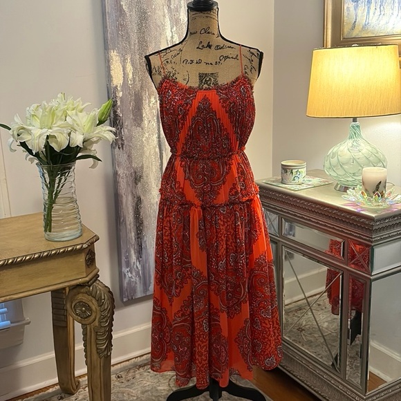 Banana Republic Dresses & Skirts - Banana Republic red paisley pleated ruffle midi wedding guest summer sundress 2